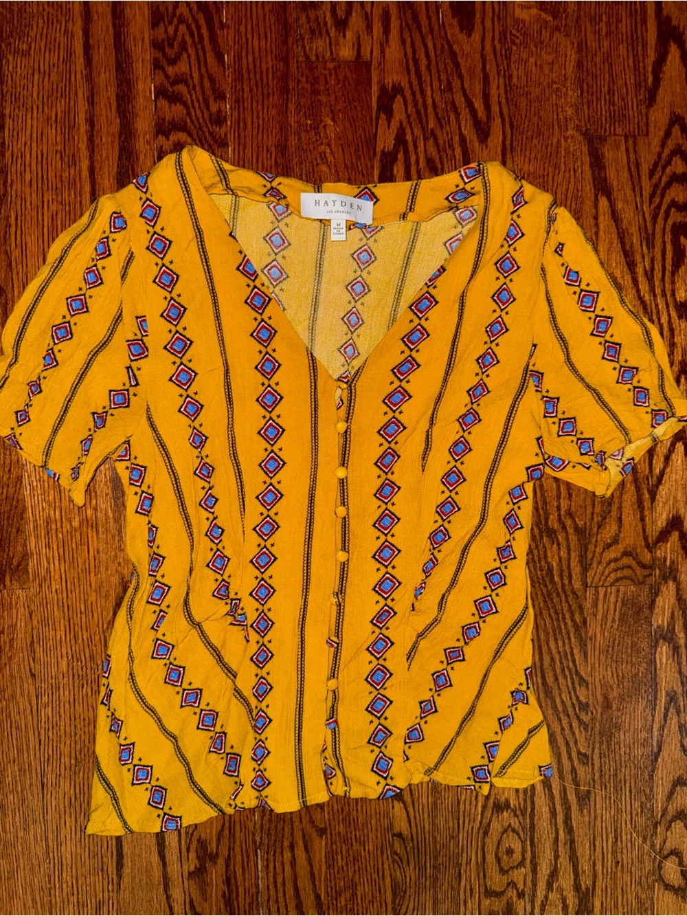 Hayden Mustard Yellow Short Sleeve V-Neck Button Front Blouse